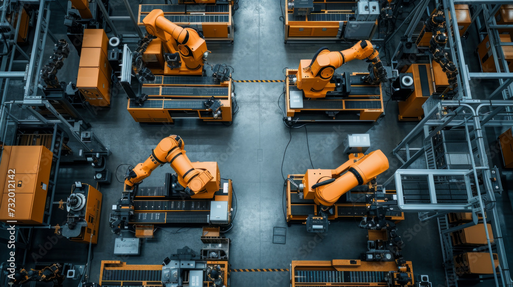 Overhead view precision of a robotics laboratory in action, showcasing the intricacies of robotic technology at the forefront of innovation