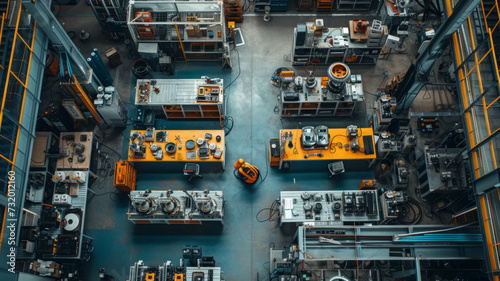 Overhead view capturing the precision of a robotics laboratory in action, showcasing the intricacies of robotic technology at the forefront of innovation