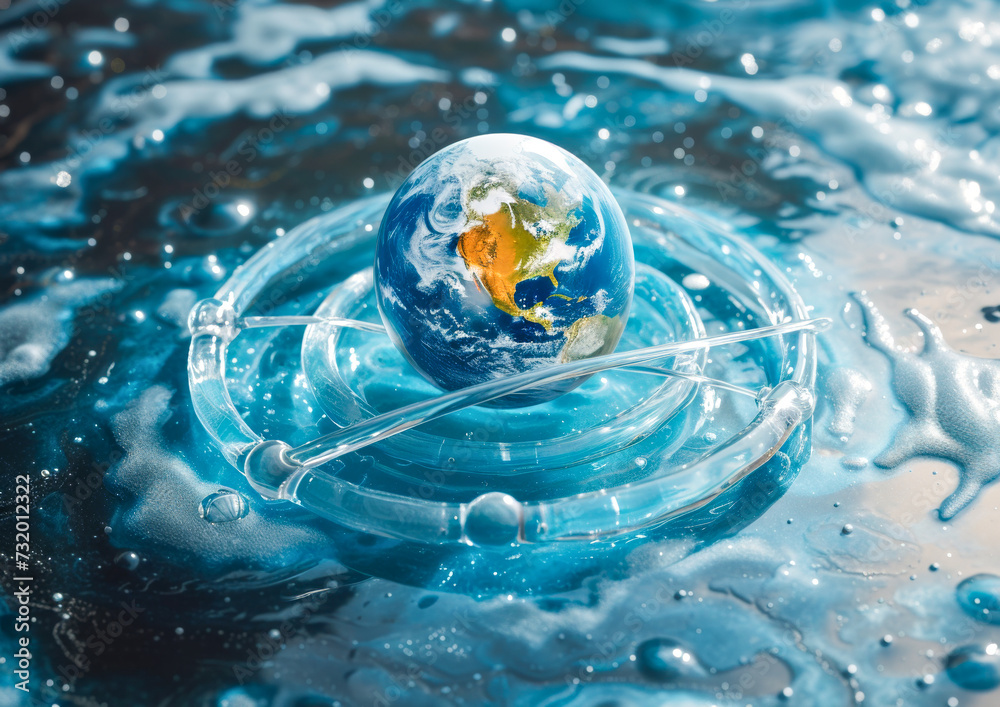 Earth Globe Floating in Water with Ripple Effect and Droplets in shape of Molecular Structure of Water. World Water Day, Earth Day,World Day to Combat Desertification and Drought Earth Globe Floating in Water with Ripple Effect and Droplets in shape of Molecular Structure of Water. World Water Day, Earth Day,World Day to Combat Desertification and Drought