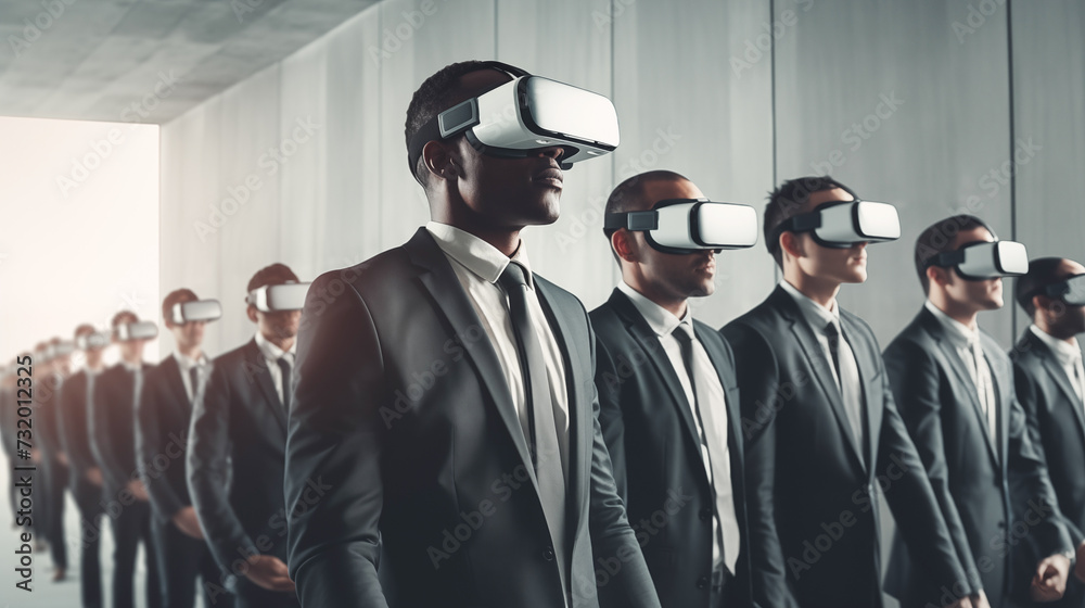 Businesspeople wearing VR glasses while working. VR technology into the business environment. Virtual interfaces, data visualizations, and immersive simulations Businesspeople wearing VR glasses while working. VR technology into the business environment. Virtual interfaces, data visualizations, and immersive simulations