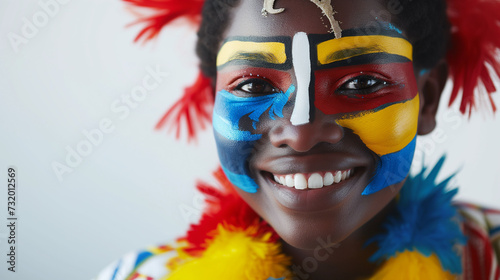 Eswatini flag face paint, Close-up of a person's face, symbolizing patriotism or sports fandom. photo