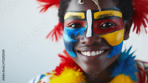 Eswatini flag face paint, Close-up of a person's face, symbolizing patriotism or sports fandom.