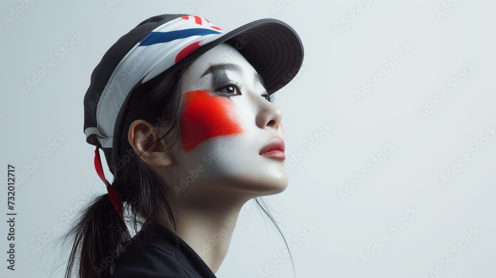 Japan flag face paint, Close-up of a person's face, symbolizing patriotism or sports fandom.