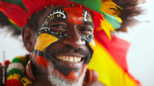 Vanuatu flag face paint, Close-up of a person's face, symbolizing patriotism or sports fandom.