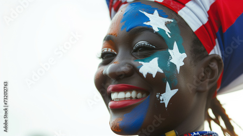Liberia flag face paint, Close-up of a person's face, symbolizing patriotism or sports fandom.