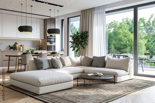 Interior design of modern scandinavian apartment, living room with beige sofa and dining room, panorama 3d rendering.