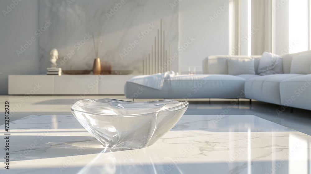 Modern living room interior with sunlight, minimalist furniture, and decorative glass bowl on floor. Modern living room interior with sunlight, minimalist furniture, and decorative glass bowl on floor.