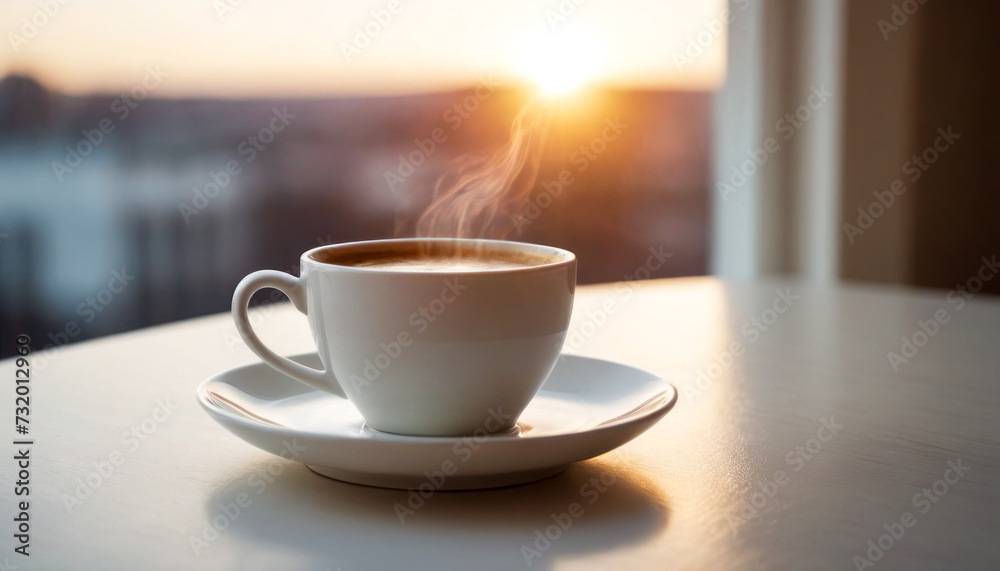 Morning Coffee: A white cup filled with steaming coffee rests on a clean white table, casting a subtle shadow. creating a serene morning scene.