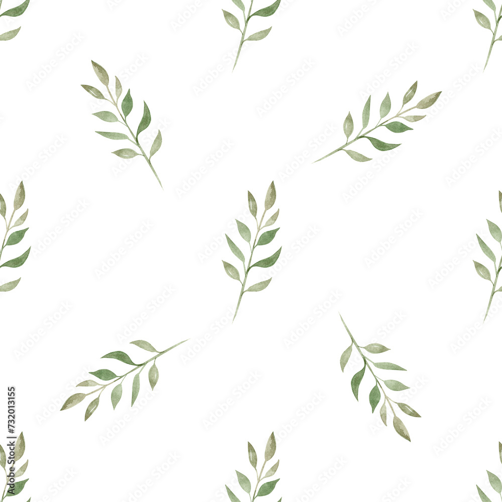 Watercolor green branch seamless pattern on white background Watercolor green branch seamless pattern on white background