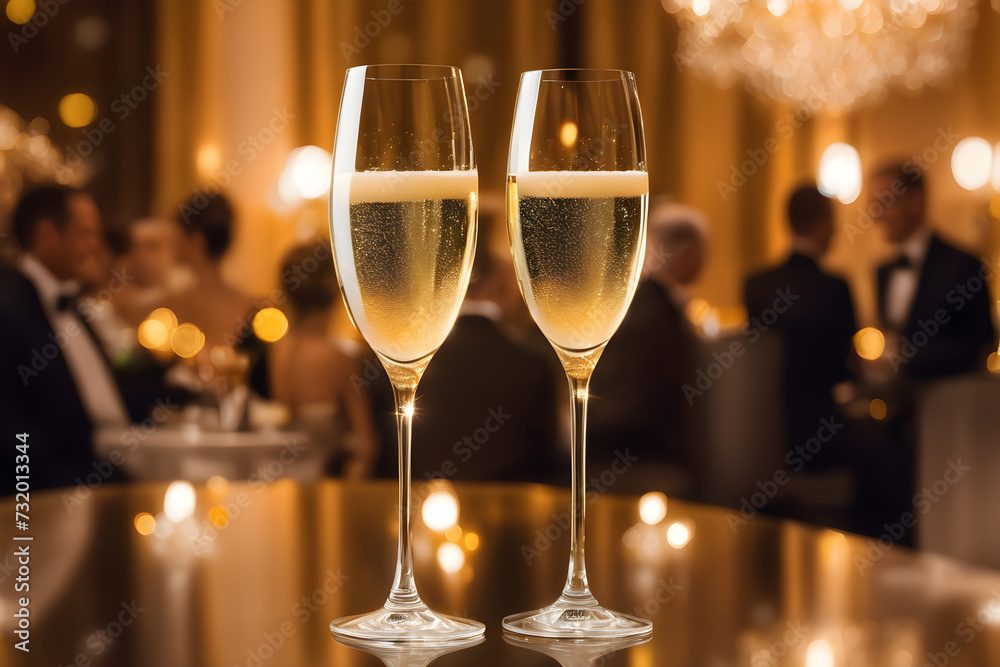 Two champagne glasses poised for a celebratory toast, crystal clear, reflecting the ambient golden hue of a luxurious ballroom. Generative AI Two champagne glasses poised for a celebratory toast, crystal clear, reflecting the ambient golden hue of a luxurious ballroom. Generative AI