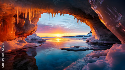 red rocks at sunset,, Ice cave on baikal lake in winter. blue ice and icicles in the sunset sunlight. olkhon island, baikal, siberia, russia. beautiful winter landscape. 
