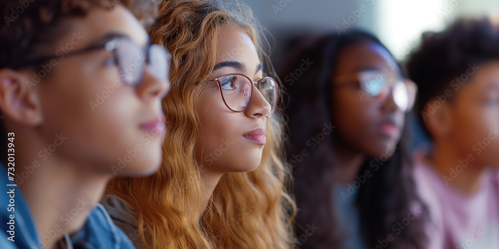 Focused Group of Diverse Students in Classroom Setting