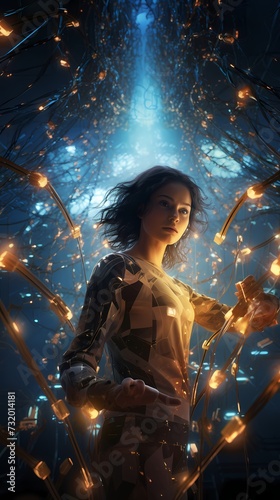 A woman illuminated by cinematic lighting, immersed in a futuristic, high-tech environment, exploring an intricately connected database, captured in stunning HD photography.