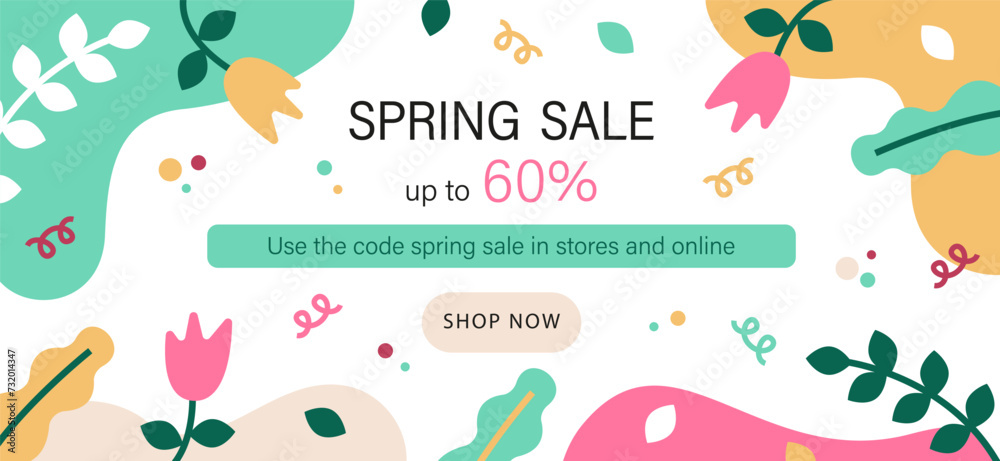 Spring sale banner with different flowers on a colored background. The banner for advertisements, magazines, websites. Vector illustration