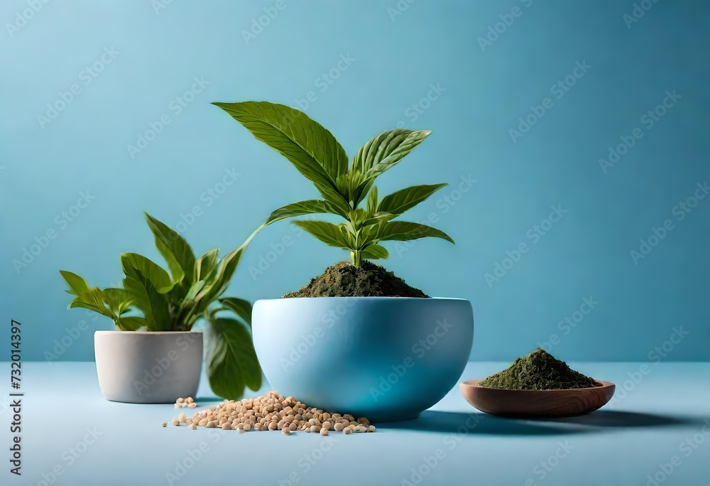 Beautiful minimalist light pestle blue background for product presentations with plant pot