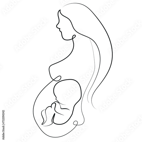 simple logo of a pregnant woman with short hair with a fetus inside her belly without an article for drawn with different contours for clinics, typography and banners