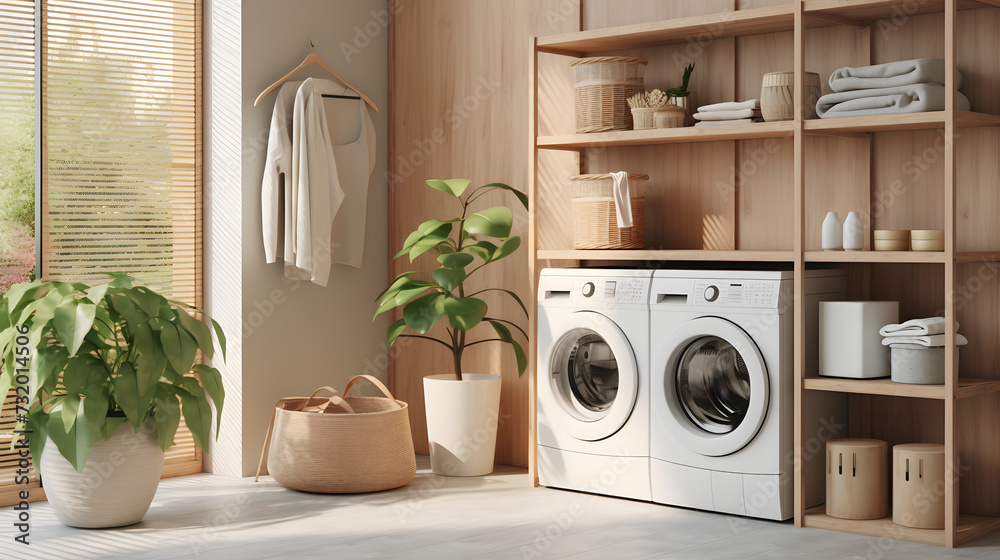 Moderne helle Waschküche mit Waschmaschine und Trockner