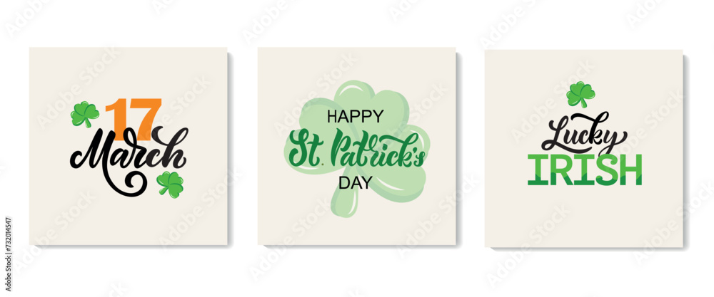 Happy St. Patrick's day celebration set. Hand drawn lettering typography and calligraphy. Vector illustration for poster, card, banner, mug, t-shirt. Holiday quotes and greetings with shamrock Happy St. Patrick's day celebration set. Hand drawn lettering typography and calligraphy. Vector illustration for poster, card, banner, mug, t-shirt. Holiday quotes and greetings with shamrock