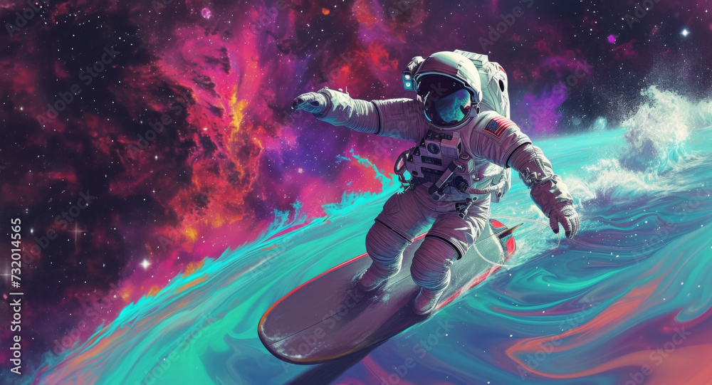 Astronaut Riding Cosmic Waves in Vibrant Nebula, a Surreal Space Adventure