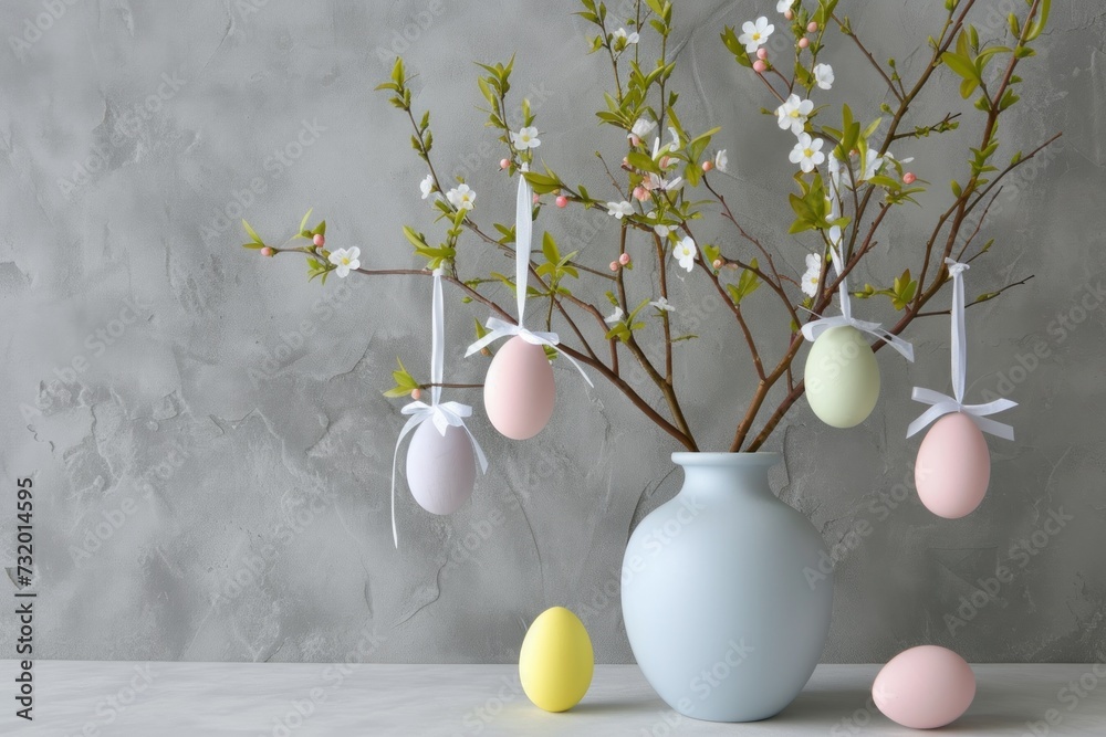 Easter composition with pastel eggs hanging on blooming branches in a decorative vase. Easter composition with pastel eggs hanging on blooming branches in a decorative vase.