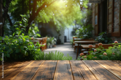 Serene Garden Cafe Setting with Wooden Tables and Sunlight Filtering Through Leaves