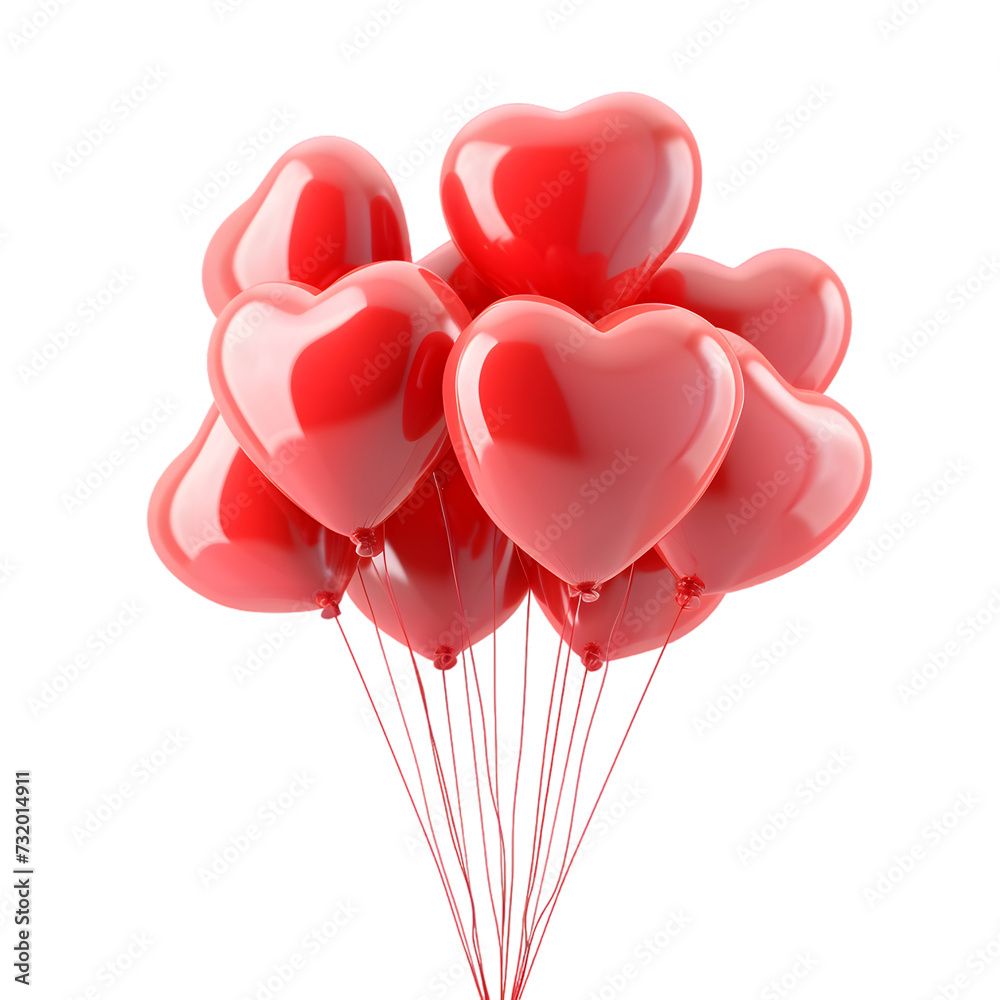 Red heart shape balloons isolated on transparent background