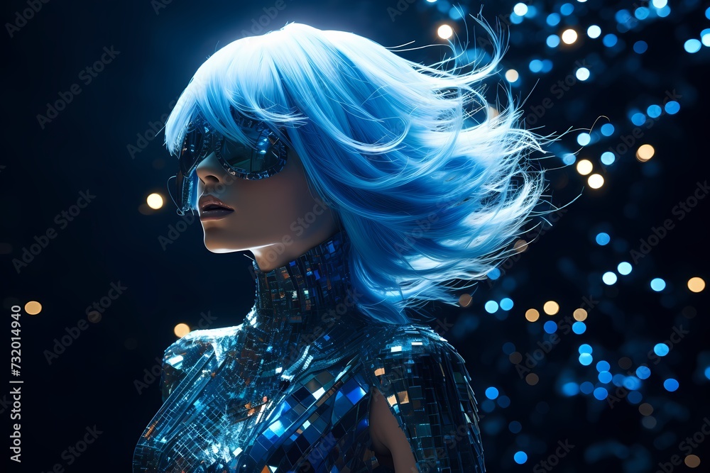 Futuristic fashionista with parametric pop attire, anaglyphic accessories, and intense blue hair flowing in a shiny, long cascade, set against a vibrant starry backdrop.