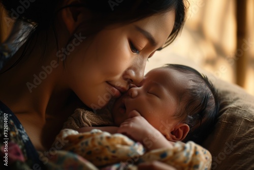A heartwarming scene of an Asian mom with her sleeping newborn, conveying the love and care integral to early childhood in Asian families photo