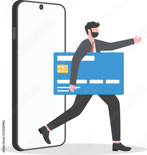 Mobile Banking Business Loans. a businessman walks out of a cell phone holding a bank credit card.
