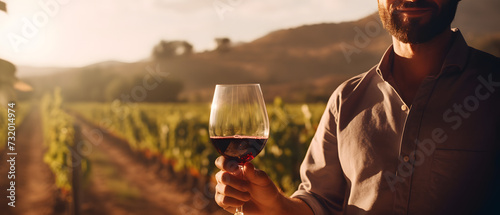 Mann mit einem Glas Wein steht vor Weinbau bei Sonnenuntergang photo