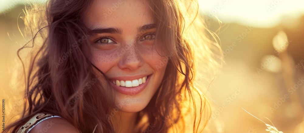 A happy woman smiling in a field with layered hair, showing her nose, smile, chin, eyebrow, eyelash, and jaw gesture. A happy woman smiling in a field with layered hair, showing her nose, smile, chin, eyebrow, eyelash, and jaw gesture.