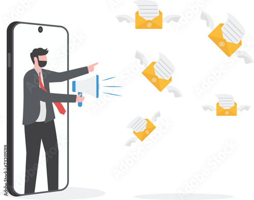 Email marketing campaign, subscription newsletter or online announcement to customer, digital advertising concept, businessman on mobile phone using megaphone to send flying email newsletter online.
