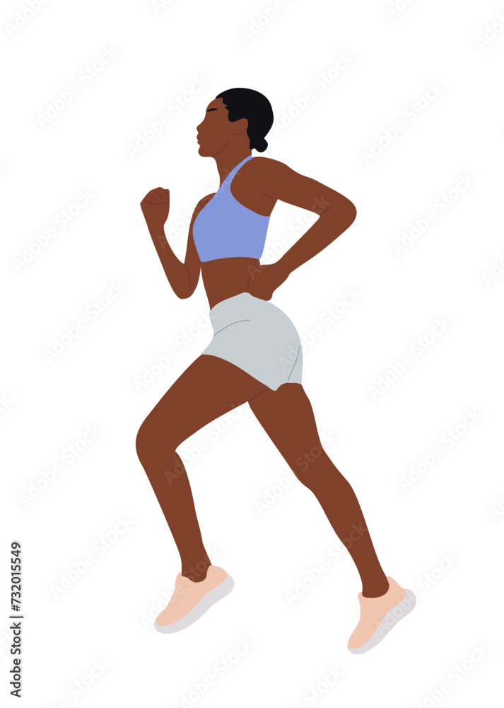 Young african american Sports woman running. Healthy active lifestyle. Maraphon, Sprint, jogging, warming up. Female athlete character vector illustration isolated on white background.