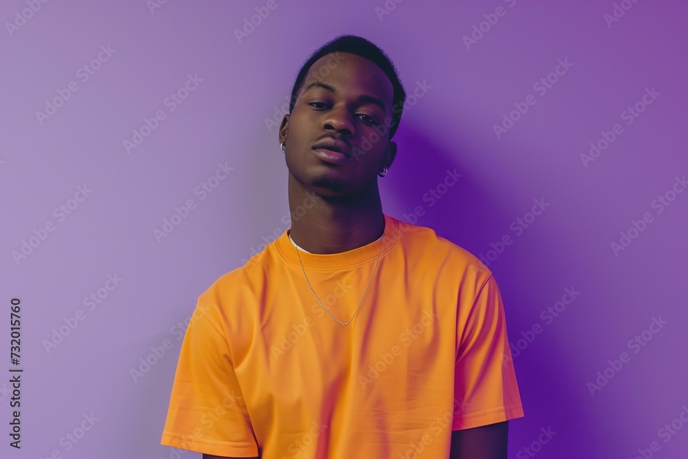 young black man wearing highlighter orange neon t shirt on a bold purple background young black man wearing highlighter orange neon t shirt on a bold purple background
