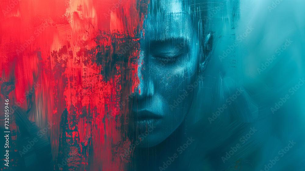 The face of guilt and shame - Abstract surreal artistic concept of the heavy burden on the mental health from its consequences - Intense crimson red contrasting the chilling cold turquoise blue - obrazy, fototapety, plakaty 