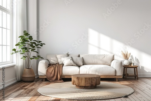 Modern scandianvian living room with design sofa with elegant blanket, coffee table and bookstand on the white wall. Brown wooden parquet. Concept of minimalistic interior.