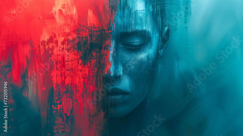 The face of guilt and shame - Abstract surreal artistic concept of the heavy burden on the mental health from its consequences - Intense crimson red contrasting the chilling cold turquoise blue photo