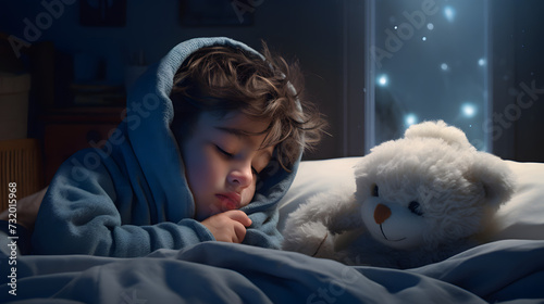 Kleiner Junge kuschelt in der Nacht mit Teddybär im Bett