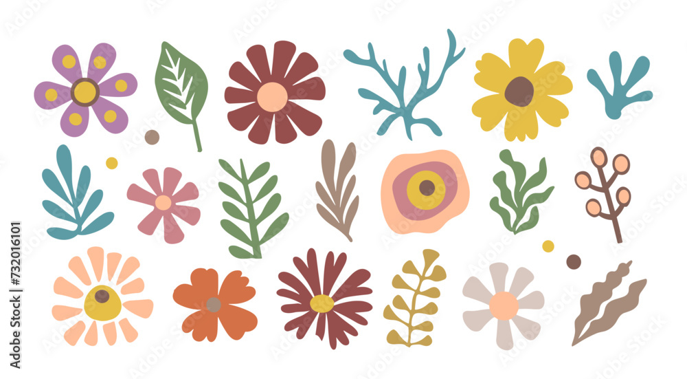 Set of hand drawn floral design elements, abstract shapes, leaves, corals. Contemporary modern vector botanical art illustrations in trendy Peach Fuzz color palette isolated on white background.