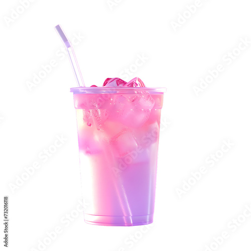 Plastic Cup with bright pink and purple liquid iced tea and straw on transparent background