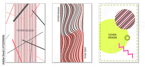 Geometric cover design, set of 3 covers. Abstract unusual background in Memphis style. Bright geometric shapes in random order