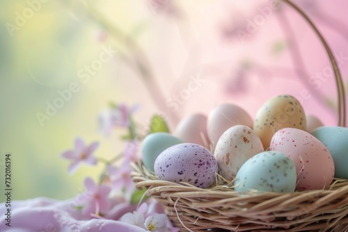 Pastel-colored Easter eggs in a basket with delicate flowers on a soft-focus background. Place for text