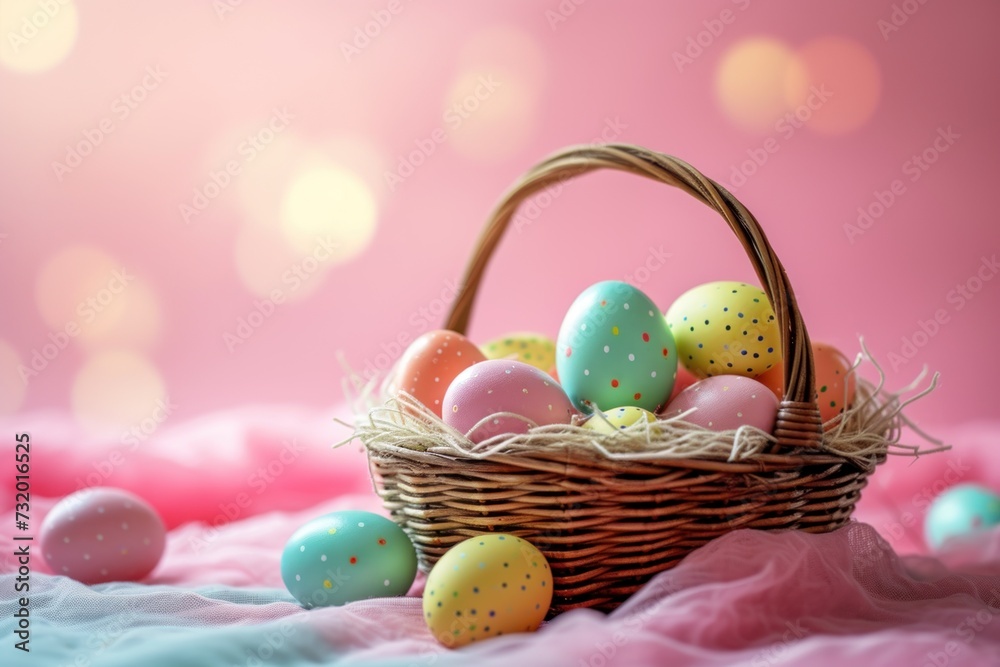 Pastel-colored Easter eggs in a basket with delicate flowers on a soft-focus background. Place for text Pastel-colored Easter eggs in a basket with delicate flowers on a soft-focus background. Place for text