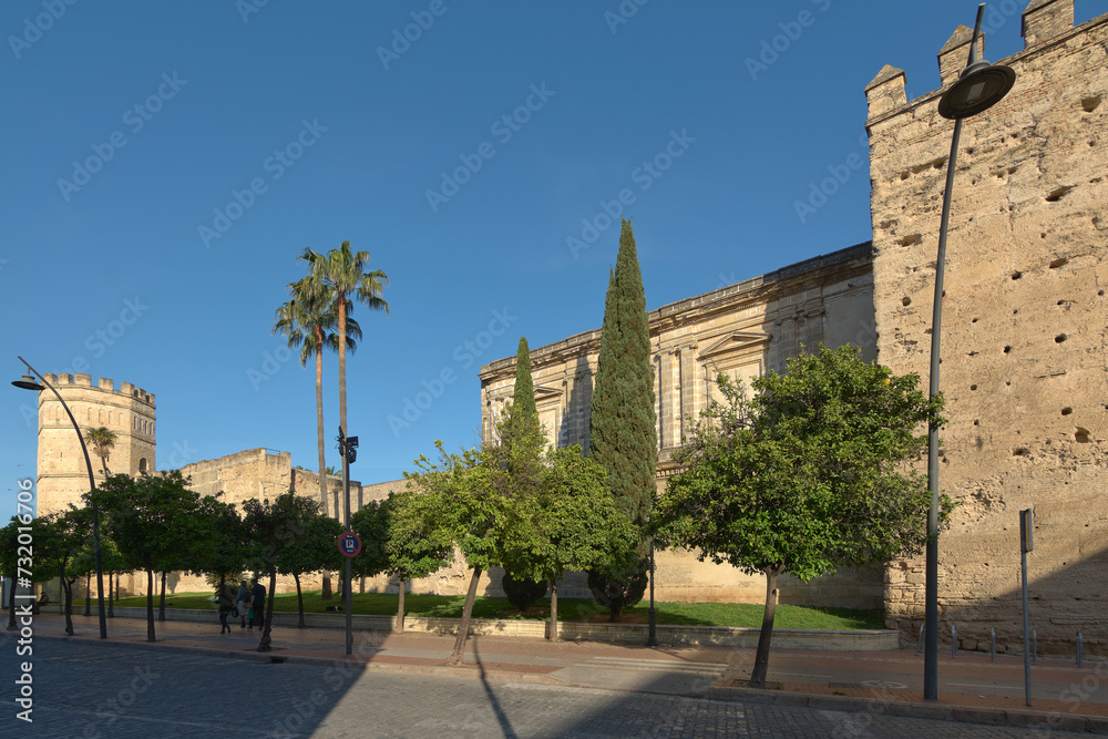 View of the Alcazar of Islamic origin from the 11th century in the town of Jerez de la Frontera, Spain