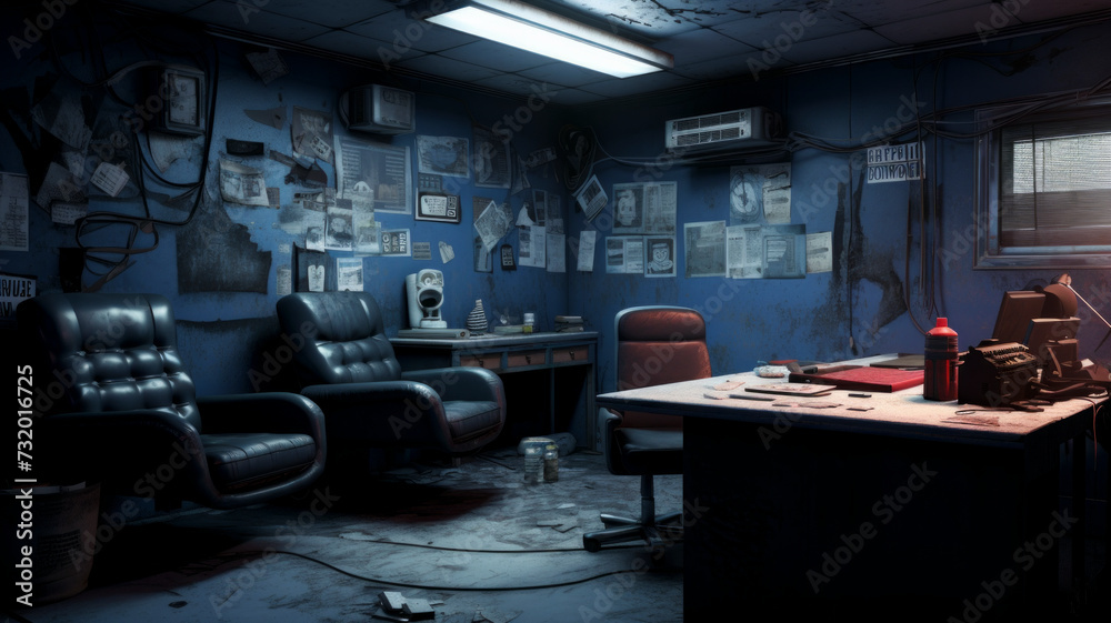 Moody interior of a detective's workplace, revealing the intensity of criminal investigation, with a focus on atmospheric lighting and confidential proceedings