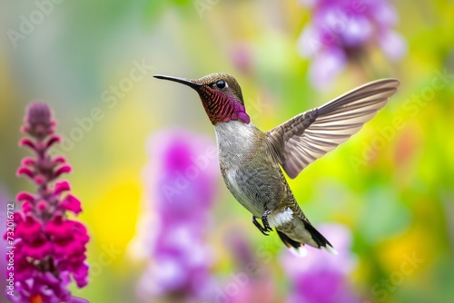 Tiny hummingbird hovering in bright summer photo