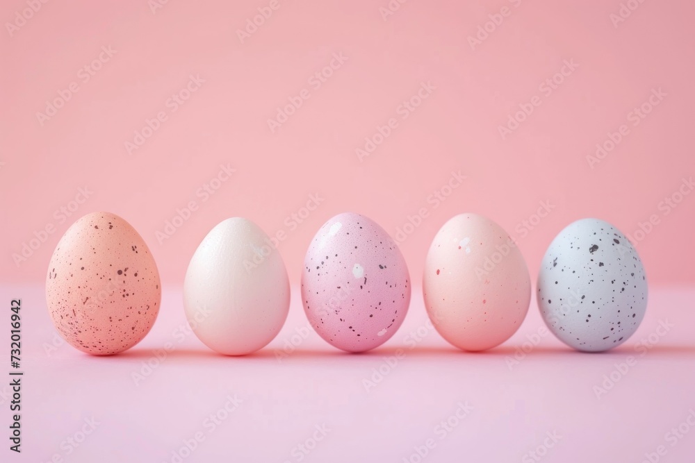 A row of soft pastel-colored eggs on a pastel pink background.