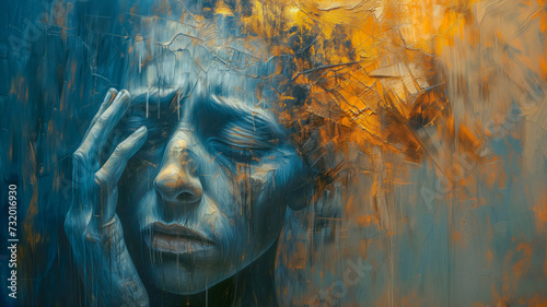 Abstract artistic representation of mental breakdown and depression - Woman placing the palm of her hand in her face in a sign of deep emotional distress - Mental health awareness 