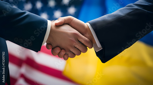 handshake on the background of flags, america and ukraine