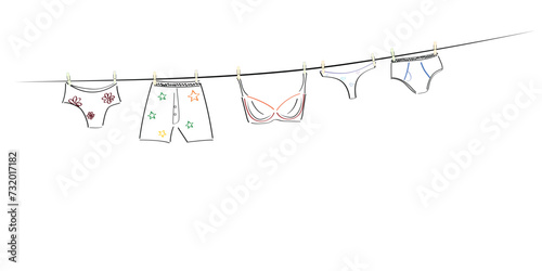 Women's and men's underwear are dried on a line. Vector illustration.